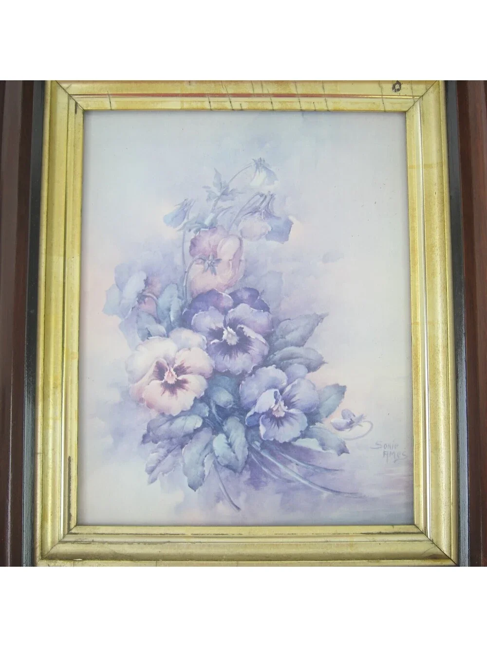Antique Victorian Deep Picture Frame Wood Gold Gilt Sonie Ames Flower Print